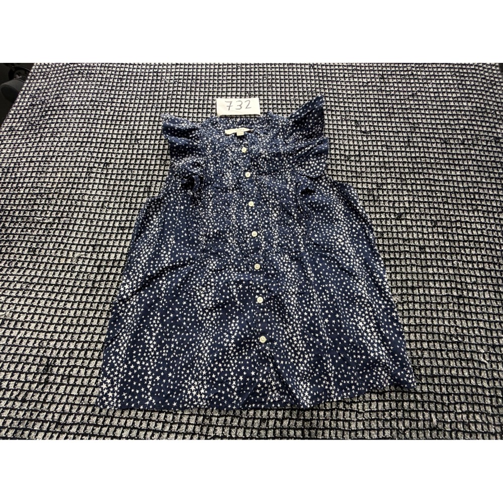 Loft Blouse Womens XS Navy Blue Star Print Ruffle Sleeveless